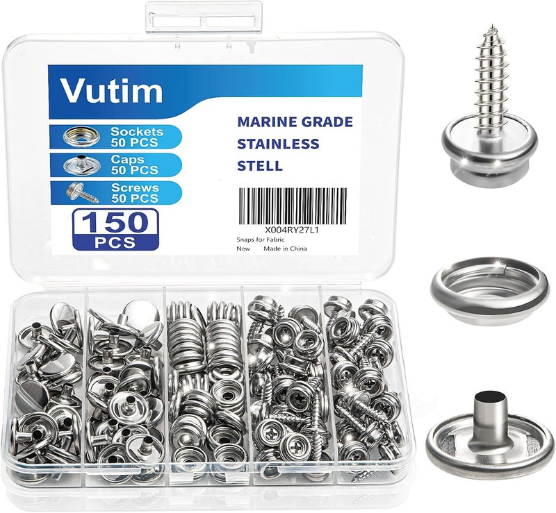 Vutim 150 PCS Canvas Snap Fastener Tool Set, Marine-Grade 3/8" Stainless Steel Snaps, Metal Snap Fastener Kit, Leather Repair Kit for Boats, Canvas, Leather Goods, Tents, and Awnings - Image 1
